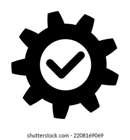Engranaje con icono de verificación en plano. Símbolo de proceso correcto aislado en blanco. Signo de éxito con cog. Signo de actualización, tecnología, motor en negro. Ilustración vectorial para diseño gráfico, Web, UI, aplicación móvil.