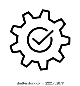Gear with check line icon in flat. Cogwheel with tick sign. Successful process symbol on white. Success sign with cog. Update sign, technology, engine. Vector illustration for graphic design, Web, UI.