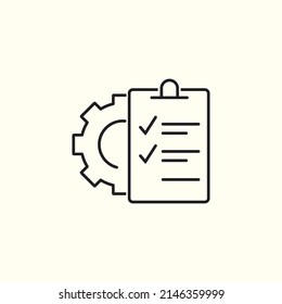 Gear and check list. Technical description and characteristics. Vector linear icon. EPS-10