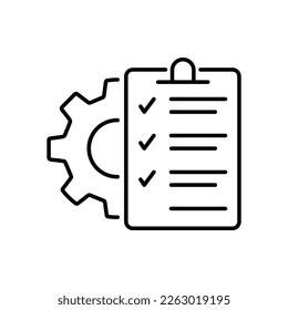 Gear and check list. Technical description and characteristics. Vector linear icon. EPS-10