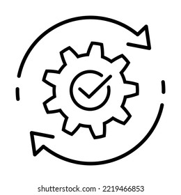 Gear with check mark and arrows thin line icon. Successful operation or project symbol. Effective integration sign Simple icon in black Vector illustration for graphic design, Web, app, UI, mobile app