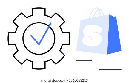 Gear with check mark beside a shopping bag blue icon. Ideal for themes like quality assurance shopping trustworthiness reliability and service verification. Simple modern style