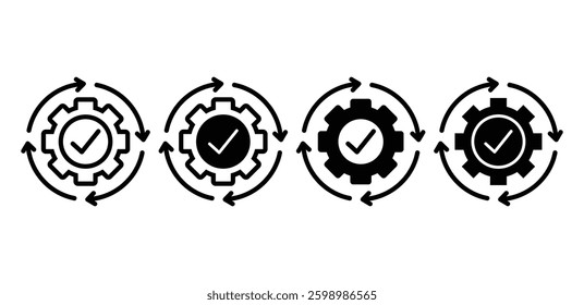 Gear with Check Mark in Circular Arrow Vector Design Black White Color Illustration Sets