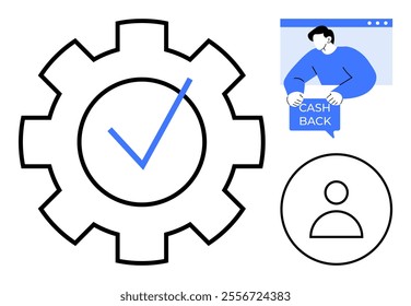 Gear with check mark, human icon, person holding a cashback sign. Ideal for business, efficiency, personal profile, finance, and customer rewards. Minimalist, modern, and clean style