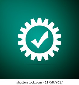 Gear with check mark icon isolated on green background. Cogwheel simple icon. Approved service sign. Transmission Rotation Mechanism symbol. Flat design. Vector Illustration