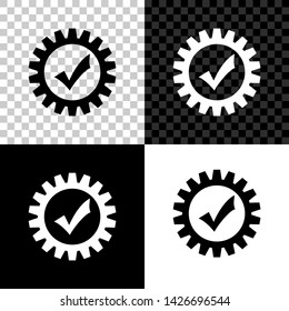Gear with check mark icon isolated on black, white and transparent background. Cogwheel simple icon. Approved service sign. Transmission Rotation Mechanism symbol. Vector Illustration