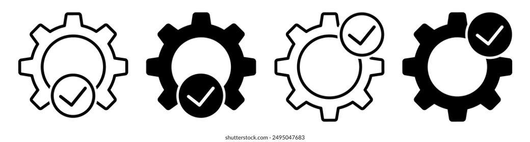 Engranaje con icono de marca de verificación en estilo de contorno y relleno