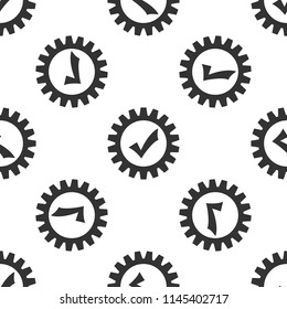Gear with check mark icon seamless pattern on white background. Cogwheel simple icon. Approved service sign. Transmission Rotation Mechanism symbol. Flat design. Vector Illustration