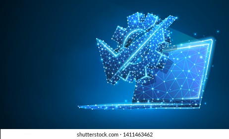 Gear check mark on laptop screen. Business solution, technology approved, machine choice concept. Abstract, digital, wireframe, low poly mesh, Vector blue neon 3d illustration. Triangle, line, dot