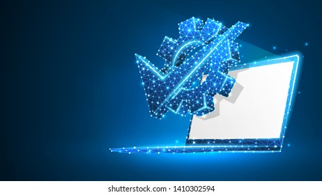 Gear check mark on white laptop screen. Business solution, technology approved, machine choice concept. Abstract, digital, wireframe, low poly mesh vector blue neon 3d illustration. Triangle, line dot