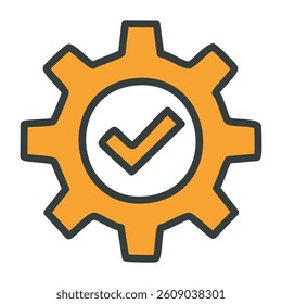 Gear and check mark vector icon. Flat design style cogwheel sign with true tick in orange and grey colours.