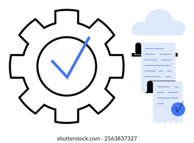 A gear with a checkmark beside a cloud and documents emphasizes automation in document processing. Ideal for technology, cloud services, efficiency, automation, and business operations. Minimalist