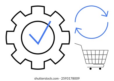 Gear with checkmark, cycle arrow, and shopping cart. Ideal for e-commerce, automation, process improvement, shopping, online retail. Simple line art style with blue and black elements