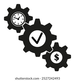 Gear checkmark icon. Time management cogwheel. Dollar system symbol. Black mechanical vector.