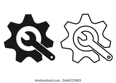 Engranaje con el Vector del icono de la marca de verificación. En diseño del estilo de la línea en el fondo blanco. Ilustración vectorial