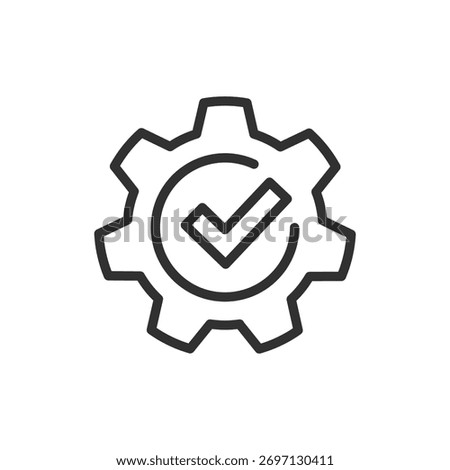 Gear with checkmark, linear icon. System configuration completed successfully. Line with editable stroke.