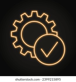 Gear with checkmark neon icon. Process control, automation. Vector illustration