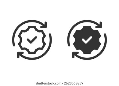 Gear with checkmark surrounded by arrows icon. representing successful process, completion, or workflow