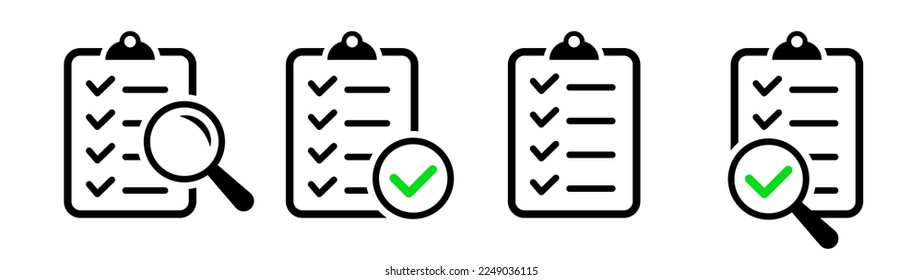 gear, checkmarks, magnifier. Checklist magnifying assessment. Different inspection icons. Vector illustration.