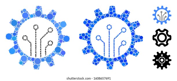 Gear chip composition of circle elements in various sizes and color tones, based on gear chip icon. Vector circle elements are composed into blue illustration.