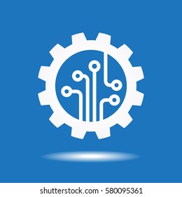 Gear with chip. Flat design style. White symbol on a blue background. White symbol on a blue background. The concept of automatic process. The file is saved in the version AI10 EPS. 