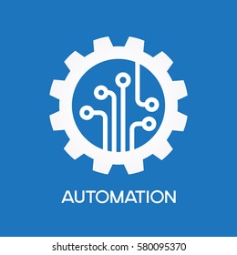 Engranaje con chip. Diseño plano. Símbolo blanco sobre fondo azul. Símbolo blanco sobre fondo azul. El concepto de proceso automático. El archivo se guarda en la versión AI10 EPS. 