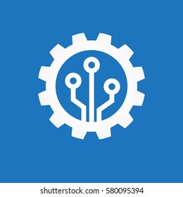 Gear with chip. Flat design style. White symbol on a blue background. White symbol on a blue background. The concept of automatic process. The file is saved in the version AI10 EPS. 