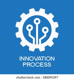 Zahnrad mit Chip. Flaches Design. Weißes Symbol auf blauem Hintergrund. Weißes Symbol auf blauem Hintergrund. Das Konzept des automatischen Prozesses. Die Datei wird in der Version AI10 EPS gespeichert. 