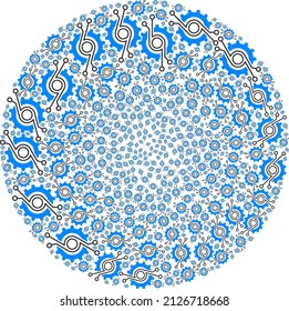 Gear chip icons are composed into spheric group. Gear chip icon spheric mosaic. Abstraction spheric globula mosaic is done with gear chip icons.