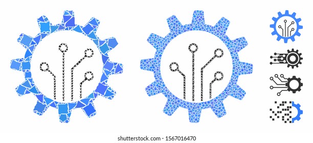 Gear chip mosaic of ragged elements in variable sizes and color tones, based on gear chip icon. Vector humpy elements are composed into mosaic. Gear chip icons collage with dotted pattern.