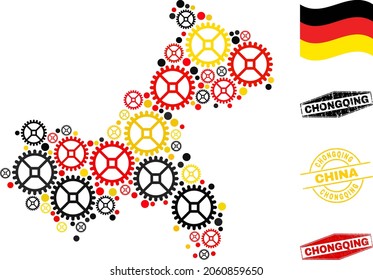 Gear Chongqing City map collage and seals. Vector collage is created from industrial icons in variable sizes, and German flag official colors - red, yellow, black.