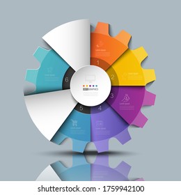 Engranaje en la gráfica circular color de papel de origami en la plantilla info-gráfica vectorial para la gráfica de presentación de diagrama
y concepto de negocio con opciones de 5 ó 6 elementos