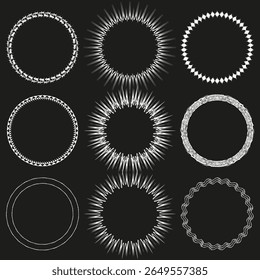 Gear circle collection. Cogwheel outline Vector. Spiky wheel set. Black backdrop art.