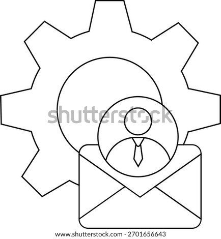 A gear circle person icon with a tie an envelope are centered in a vector graphic illustration