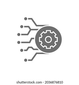 Gear with circuit board, artificial intelligence grey icon.
