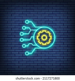 Gear with circuit board, artificial intelligence neon sign.