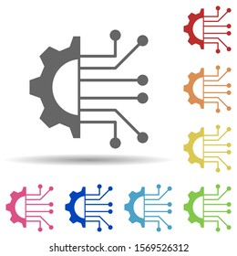 Gear, circuit board, data integration in multi color style icon. Simple glyph, flat vector of business icons for ui and ux, website or mobile application