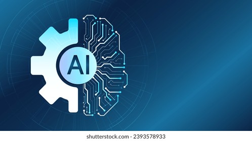 Gear and circuit board in the form of a human brain on a blue background. Data analysis, neural network. Artificial intelligence vector illustration. Technology background template.