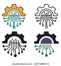 Gear Circuit Icon Set – Multi-Style Tech Collection  
A cohesive set of gear-circuit icons in color, outline, silhouette, and solid styles, tailored for diverse tech applications.