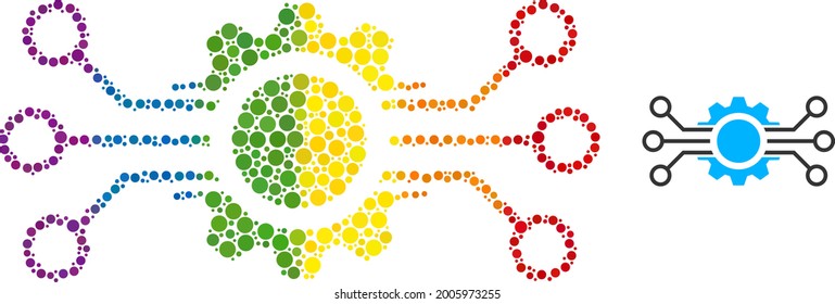 Gear circuit mosaic icon of spheric blots in different sizes and rainbow color tones. A dotted LGBT-colored gear circuit for lesbians, gays, bisexuals, and transgenders.