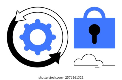 Gear with a circular arrow around it, a padlock, and a cloud. Ideal for data security, cloud storage, encryption, computer networking, and cybersecurity themes. Modern minimalist style