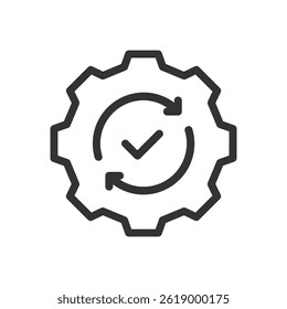 Gear with circular arrows around checkmark icon. Represents processes, updates, or successful completion of a cycle