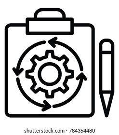 A gear with circular arrows on clipboard with pencil, concept of task management