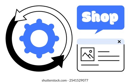 Engranaje con flechas circulares, texto de la tienda en la burbuja del discurso, y la página web que sugiere el proceso del comercio electrónico. Ideal para compras en línea, comercio electrónico, automatización de procesos, negocios minoristas, mercados digitales