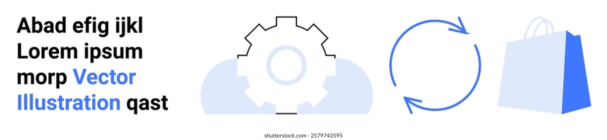Gear, circular arrows, and shopping bag. Ideal for e-commerce, automation, shopping, technology integration, and business solutions. Blue colour scheme and vector graphics. Landing page