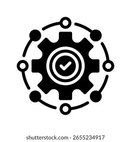 Engrenagem com ícone de linha de pontos circulares, símbolo de estrutura de tópicos para processamento de dados, status de conectividade, indicadores de carregamento, atividade do sistema e progressão da rede. Ícone de sinal vetorial.
