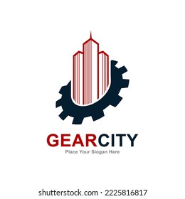 Gear city building logo vector design. Suitable for business, web, building, technology and industry