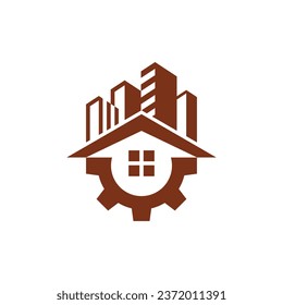 Diseño vectorial del logo del edificio de la ciudad de los engranajes. Adecuado para negocios, web, construcción, tecnología e industria
