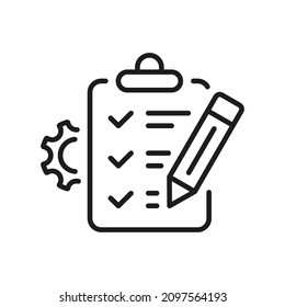 Gear, Clipboard, Pencil Project Setting Checklist Line Icon. Check List And Cog Wheel Management Plan Linear Pictogram. Control Document Outline Icon. Editable Stroke. Isolated Vector Illustration.