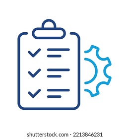 Gear, Clipboard, Pencil Project Setting Checklist Line Icon. Check List and Cog Wheel Management Plan Linear Pictogram. Control Document Outline Icon. Editable Stroke. Isolated Vector Illustration.